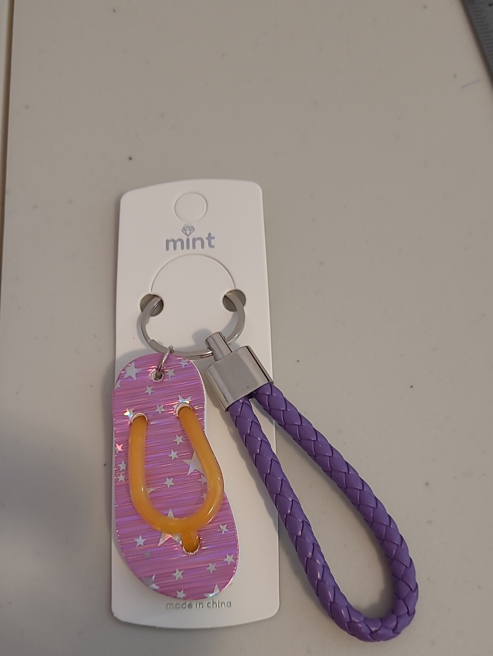 Mint Purple Flip-Flop Keychain with Orange Straps and Braided Loop